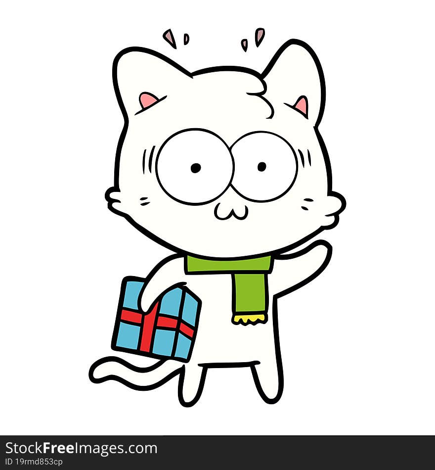 cartoon surprised cat with christmas present. cartoon surprised cat with christmas present