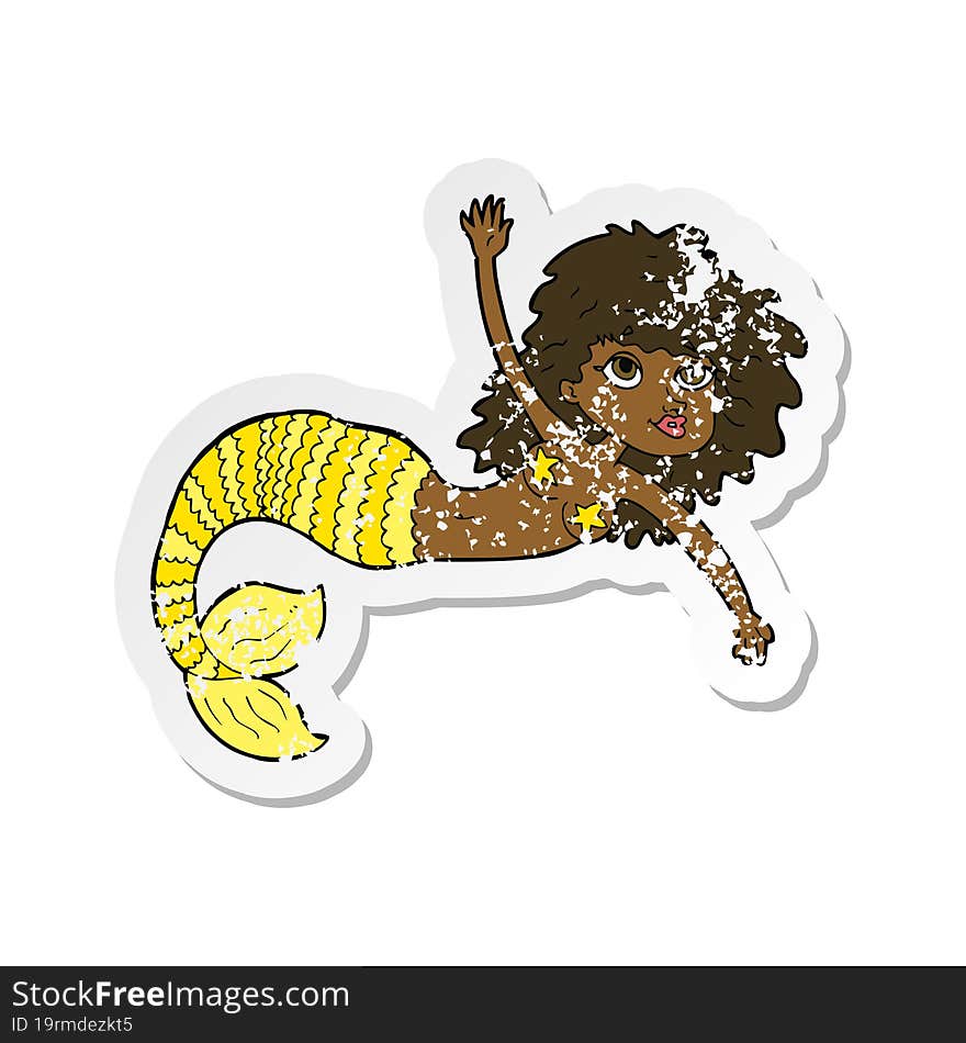 retro distressed sticker of a cartoon pretty mermaid