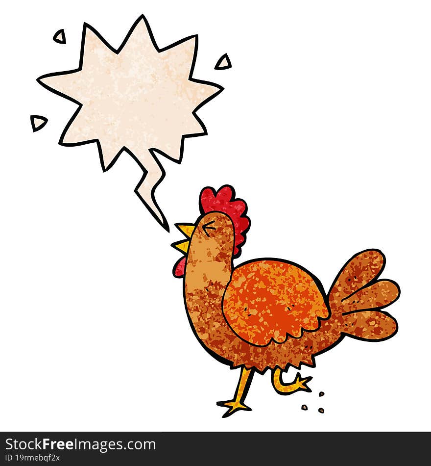 Cartoon Rooster And Speech Bubble In Retro Texture Style