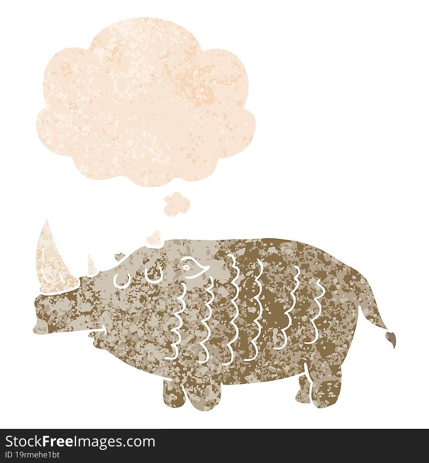 cartoon rhinoceros and thought bubble in retro textured style