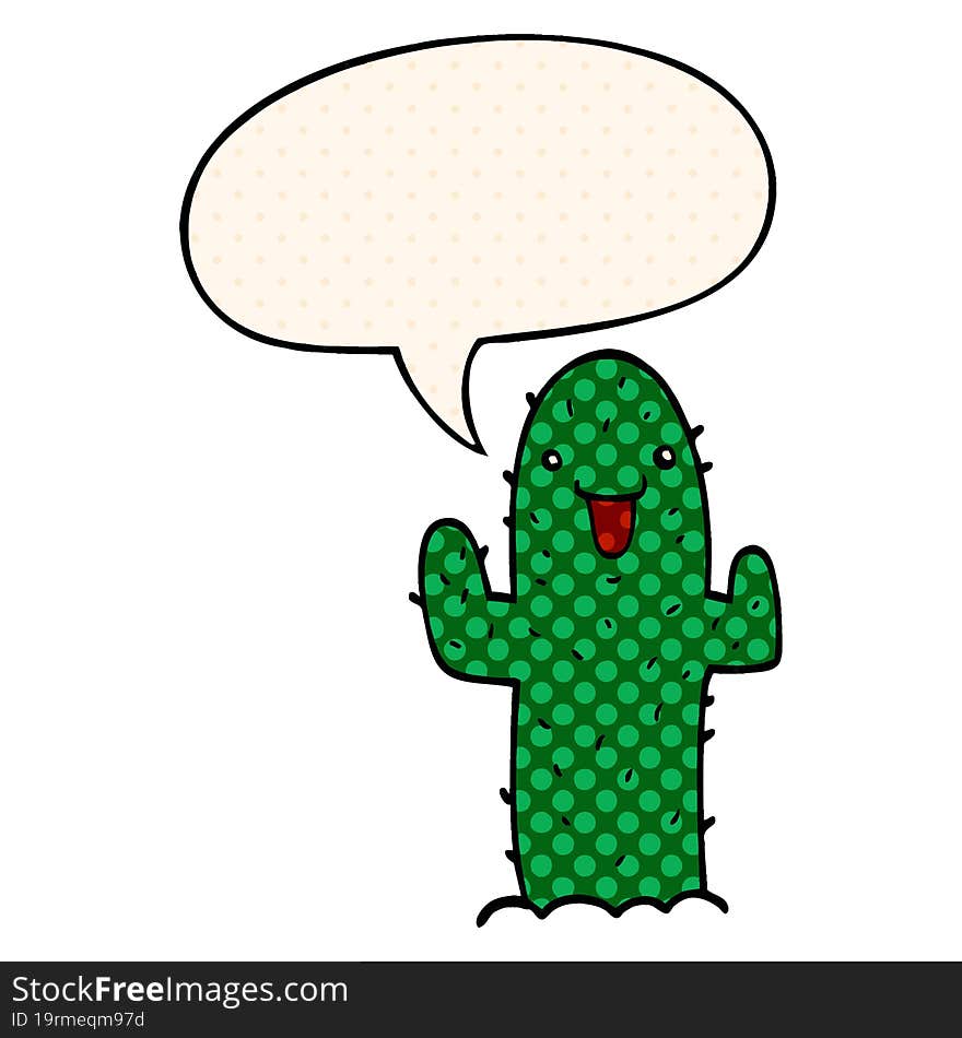 cartoon cactus and speech bubble in comic book style