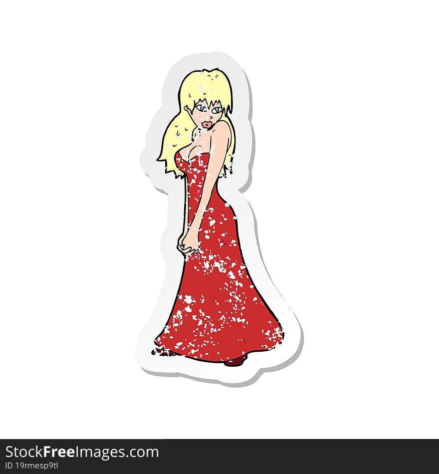 Retro Distressed Sticker Of A Cartoon Pretty Woman In Dress