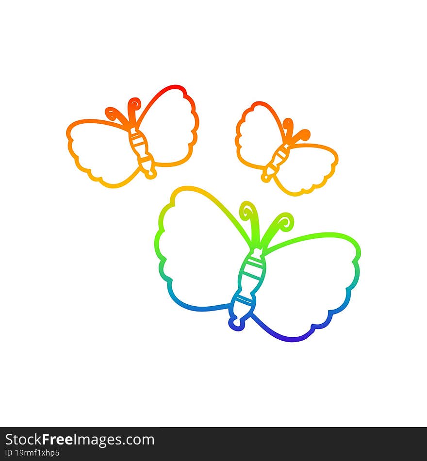 Rainbow Gradient Line Drawing Cartoon Butterflies