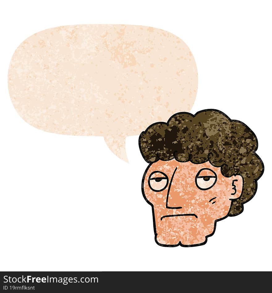 cartoon bored man and speech bubble in retro textured style