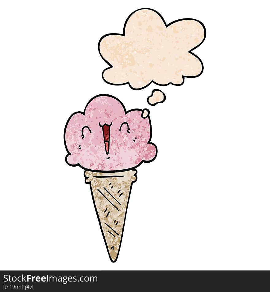 Cartoon Ice Cream With Face And Thought Bubble In Grunge Texture Pattern Style