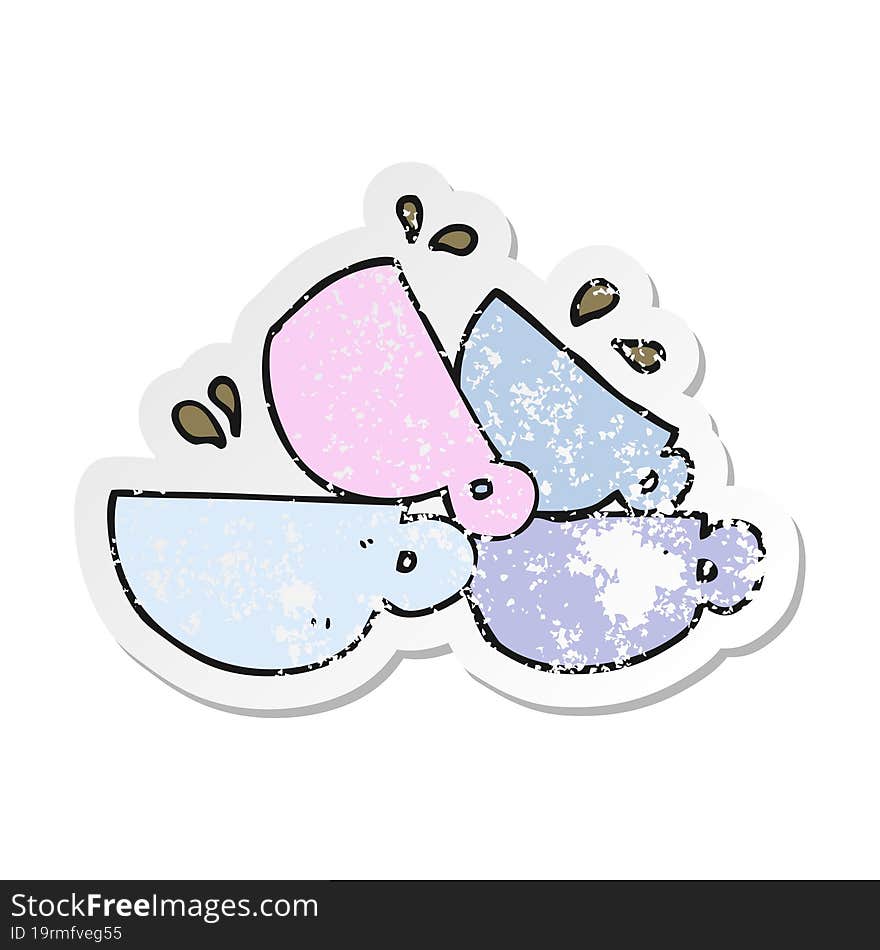 retro distressed sticker of a cartoon coffee cups