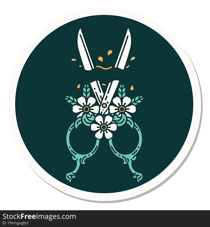 sticker of tattoo in traditional style of barber scissors and flowers. sticker of tattoo in traditional style of barber scissors and flowers