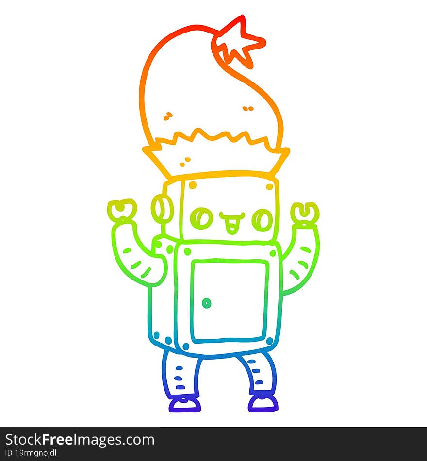 rainbow gradient line drawing of a cartoon christmas robot