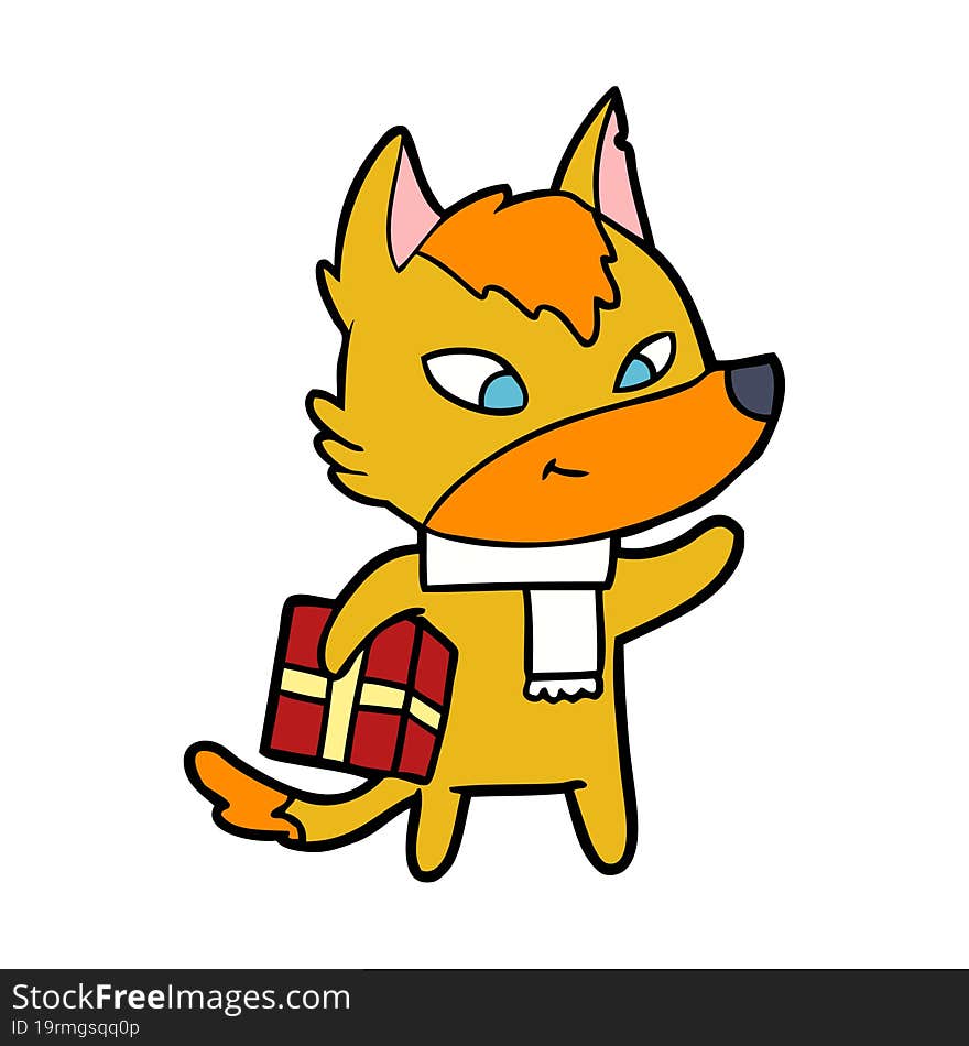 fox cartoon character with present. fox cartoon character with present