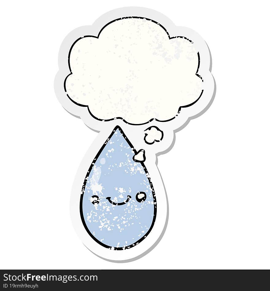 cartoon cute raindrop and thought bubble as a distressed worn sticker