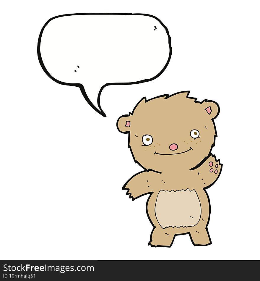 cartoon waving teddy bear with speech bubble