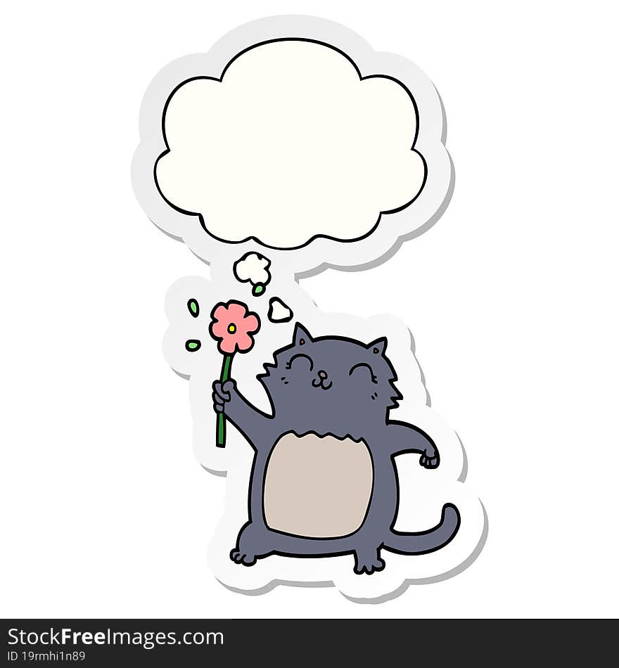 cartoon cat with flower and thought bubble as a printed sticker