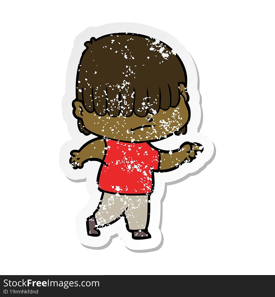 distressed sticker of a cartoon boy with untidy hair