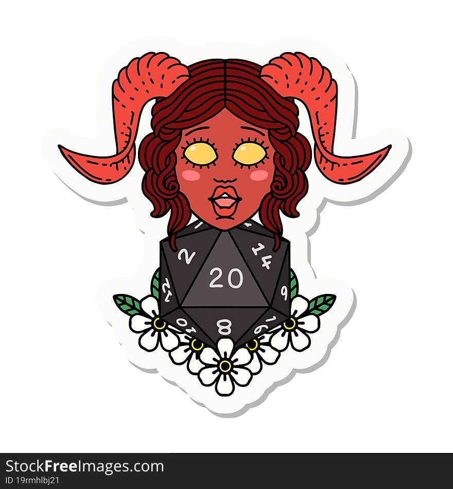 sticker of a tiefling with natural twenty dice roll. sticker of a tiefling with natural twenty dice roll