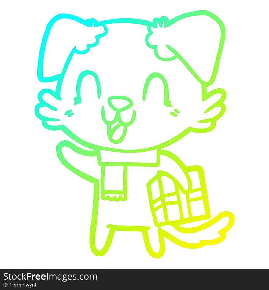 cold gradient line drawing of a laughing cartoon dog with christmas present