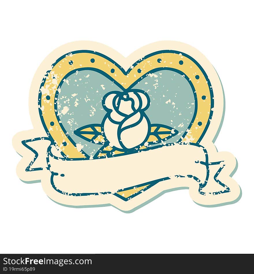 distressed sticker tattoo style icon of a heart rose and banner