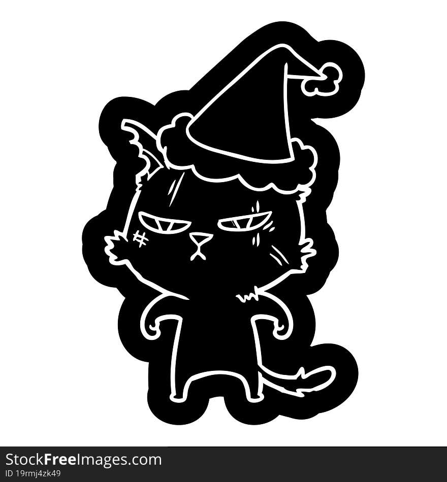 tough cartoon icon of a cat wearing santa hat