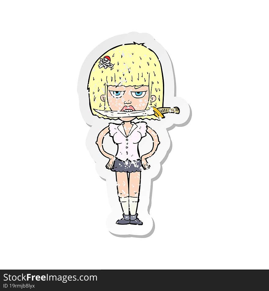 Retro Distressed Sticker Of A Cartoon Woman With Knife Between Teeth