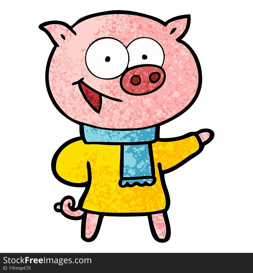 cheerful pig wearing winter clothes cartoon. cheerful pig wearing winter clothes cartoon