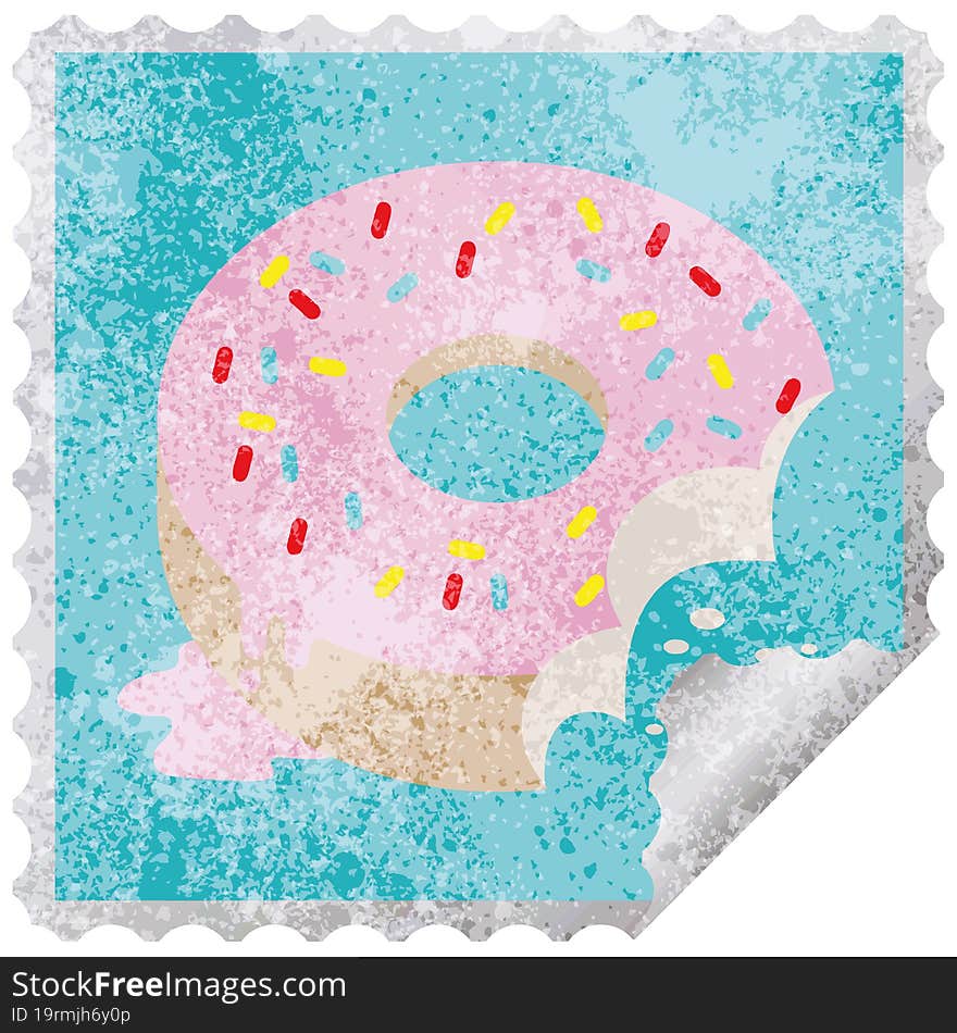 bitten frosted donut graphic vector illustration square sticker stamp