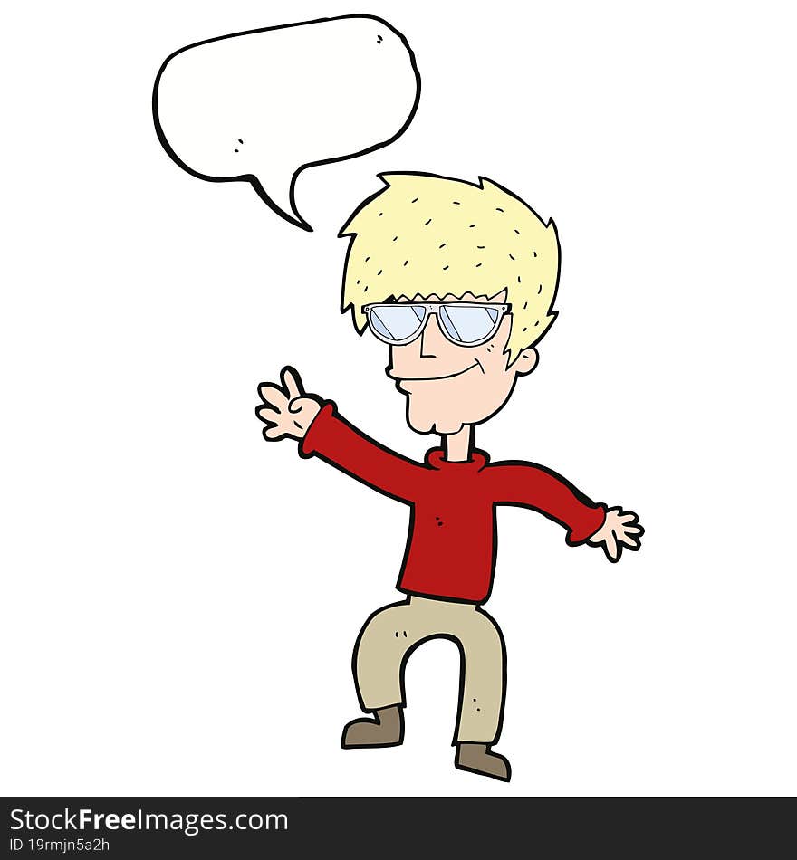 cartoon waving cool guy with speech bubble