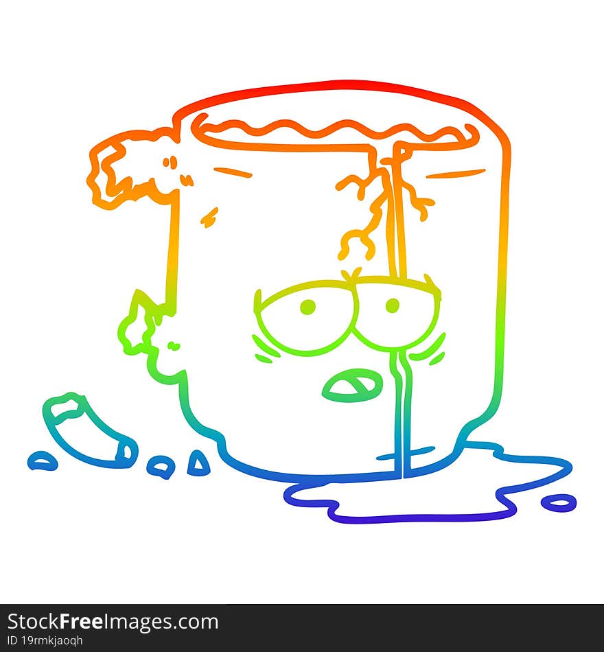 rainbow gradient line drawing of a cartoon broken mug