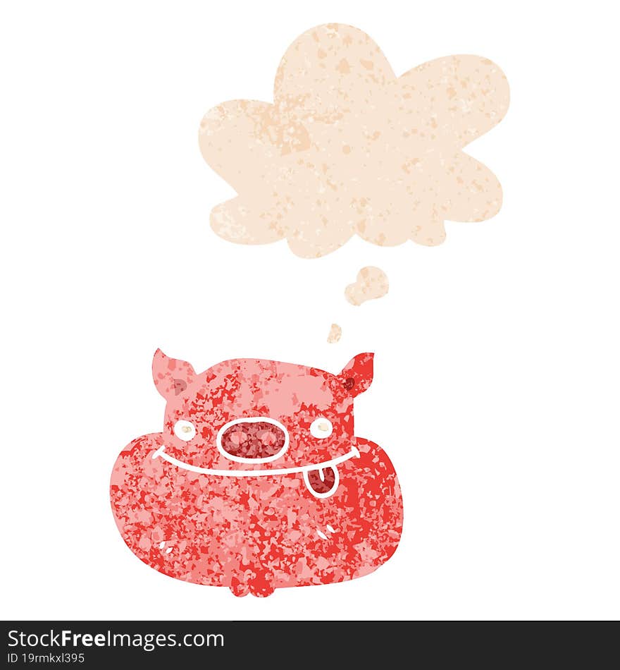 cartoon happy pig face with thought bubble in grunge distressed retro textured style. cartoon happy pig face with thought bubble in grunge distressed retro textured style