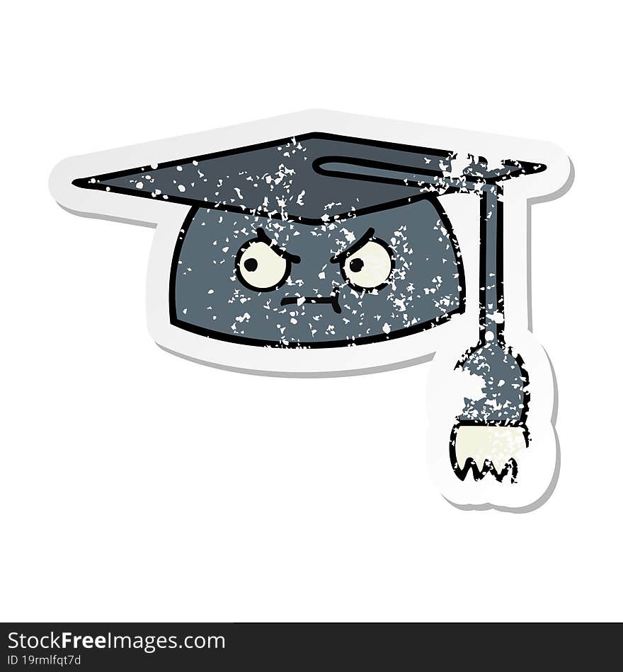 distressed sticker of a cute cartoon graduation hat