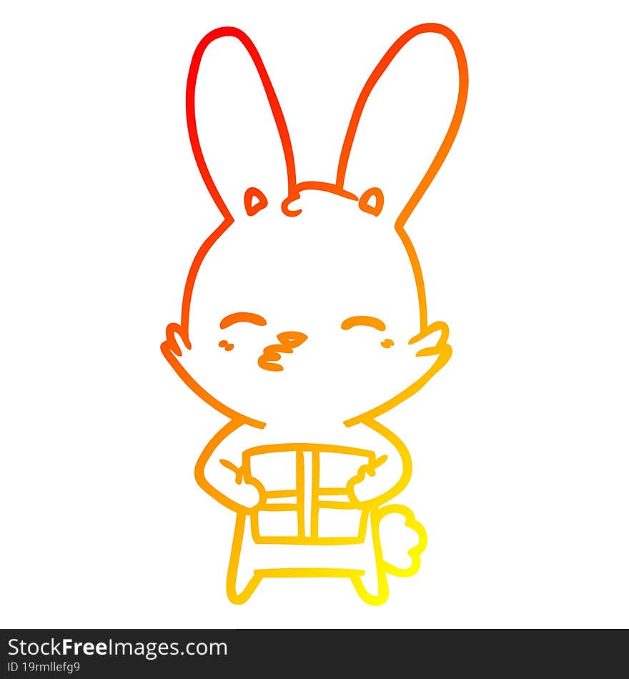 warm gradient line drawing curious bunny cartoon with present