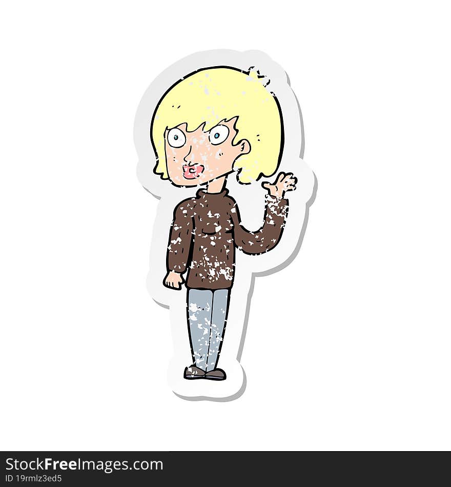 retro distressed sticker of a cartoon waving woman