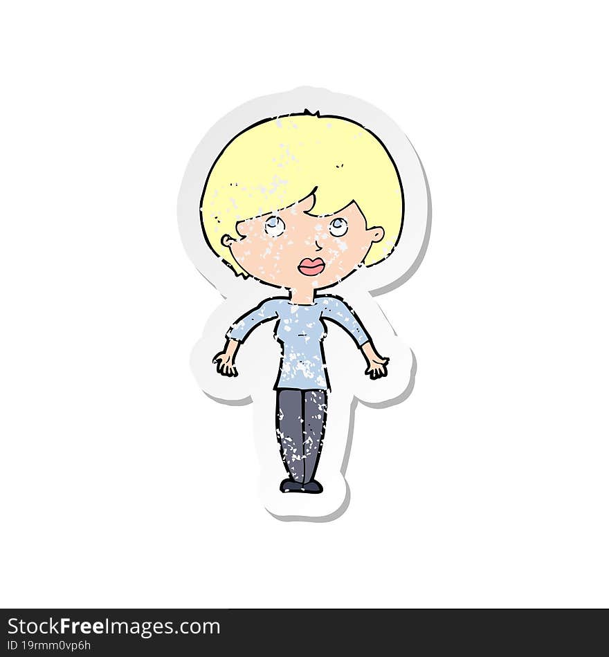 retro distressed sticker of a cartoon woman shrugging shoulders