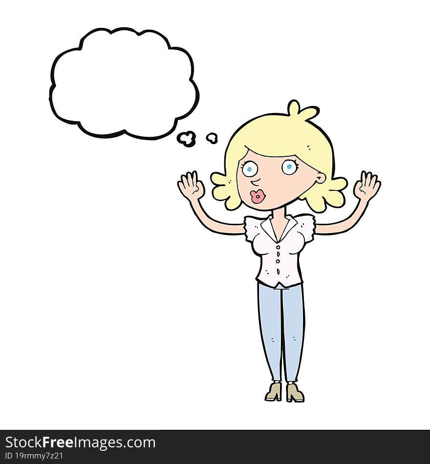 cartoon woman surrendering with thought bubble