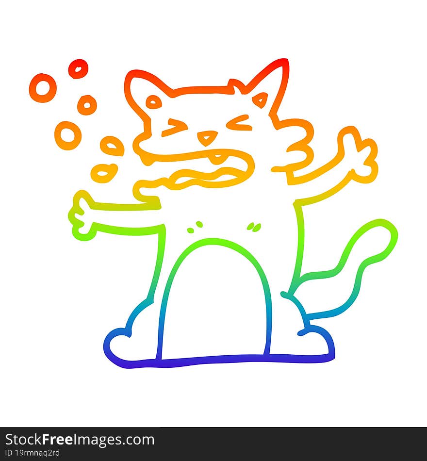 rainbow gradient line drawing of a cartoon hiccuping cat