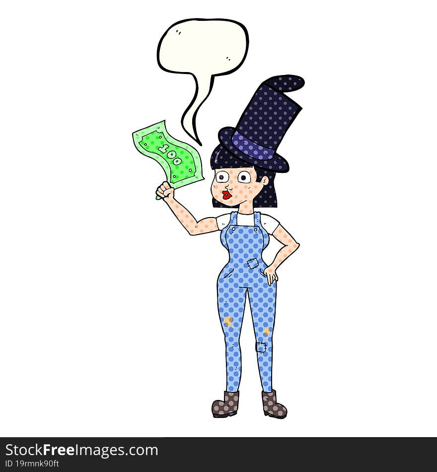 comic book speech bubble cartoon woman holding on to money