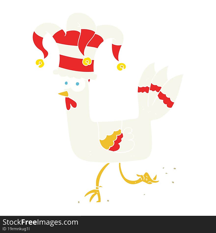 flat color illustration of chicken running in funny hat. flat color illustration of chicken running in funny hat