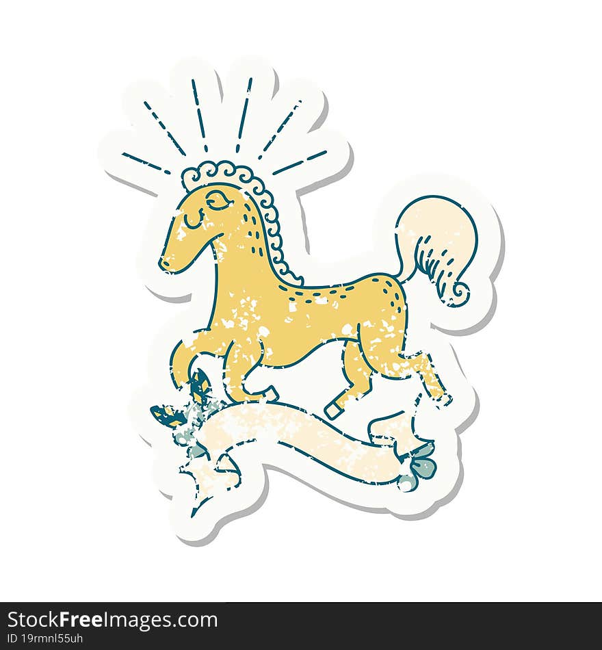 grunge sticker of tattoo style prancing stallion