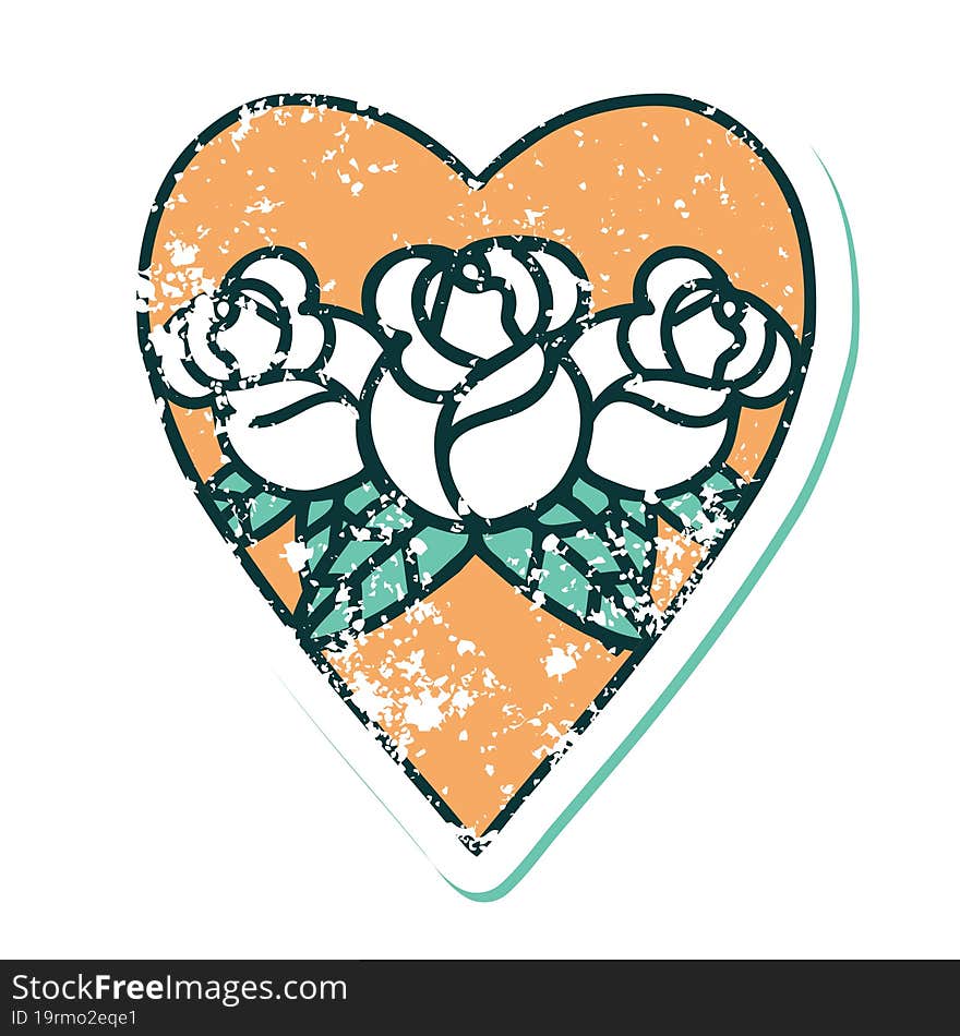 iconic distressed sticker tattoo style image of a heart and flowers. iconic distressed sticker tattoo style image of a heart and flowers