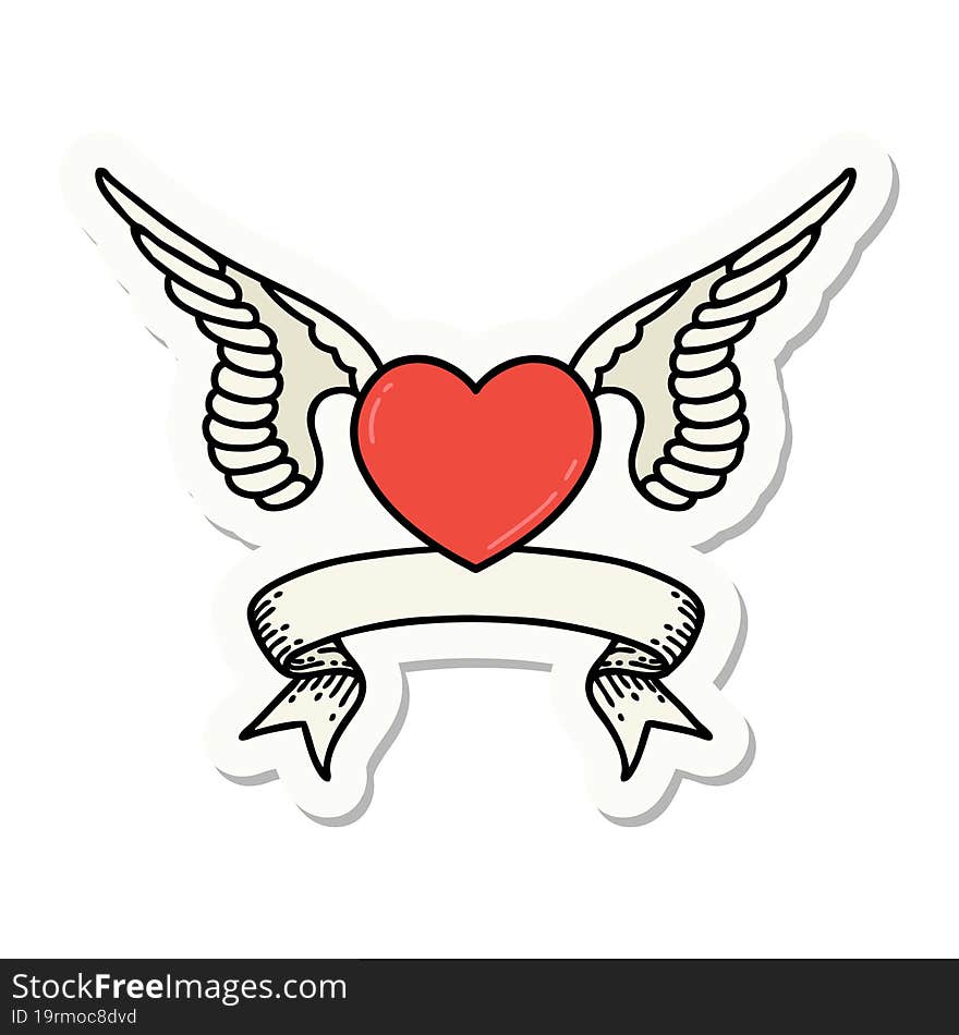 tattoo sticker with banner of a heart with wings