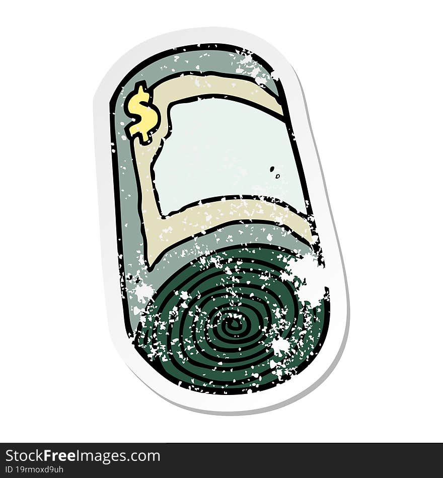 distressed sticker of a cartoon roll of money