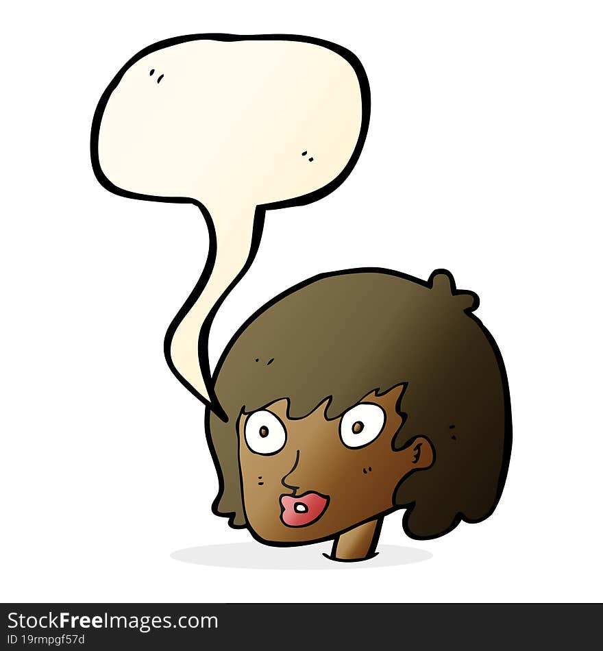 cartoon happy female face with speech bubble