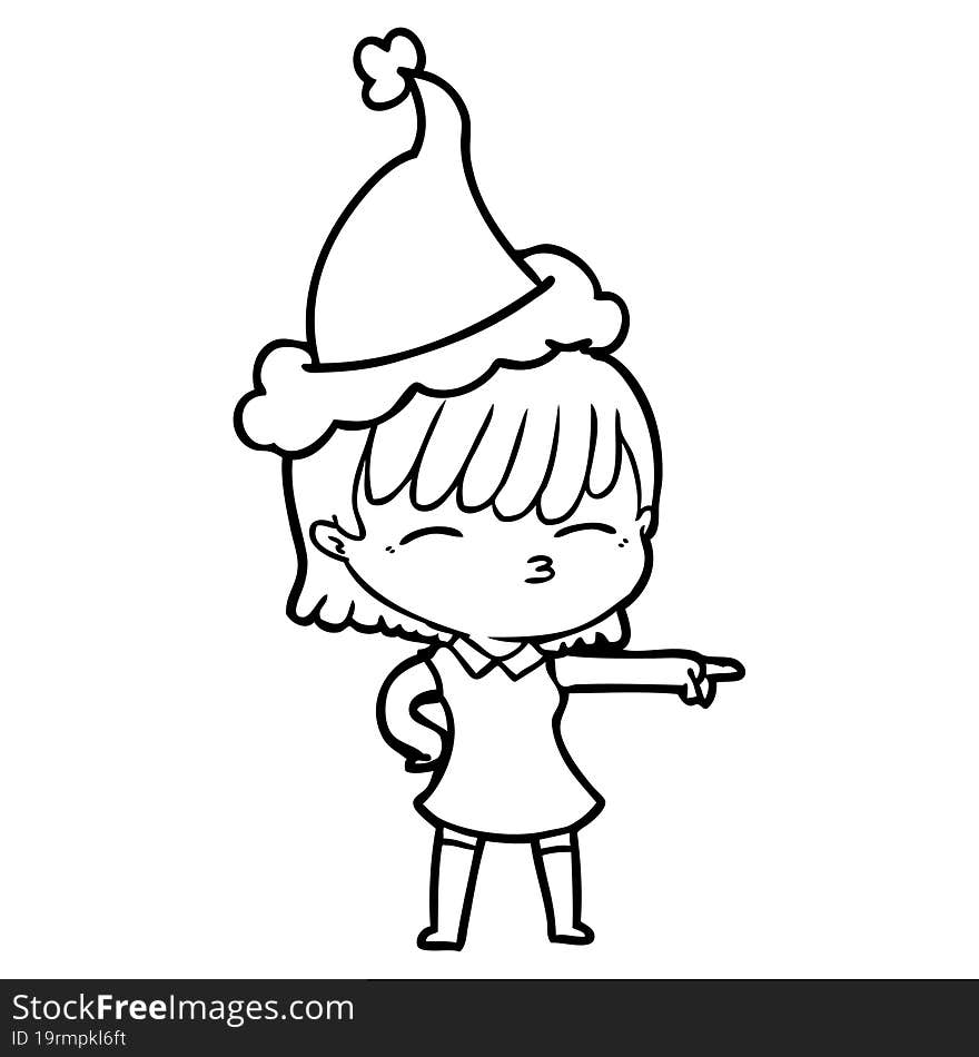 line drawing of a woman wearing santa hat