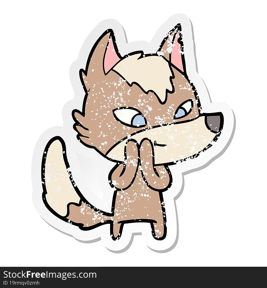 distressed sticker of a friendly cartoon wolf