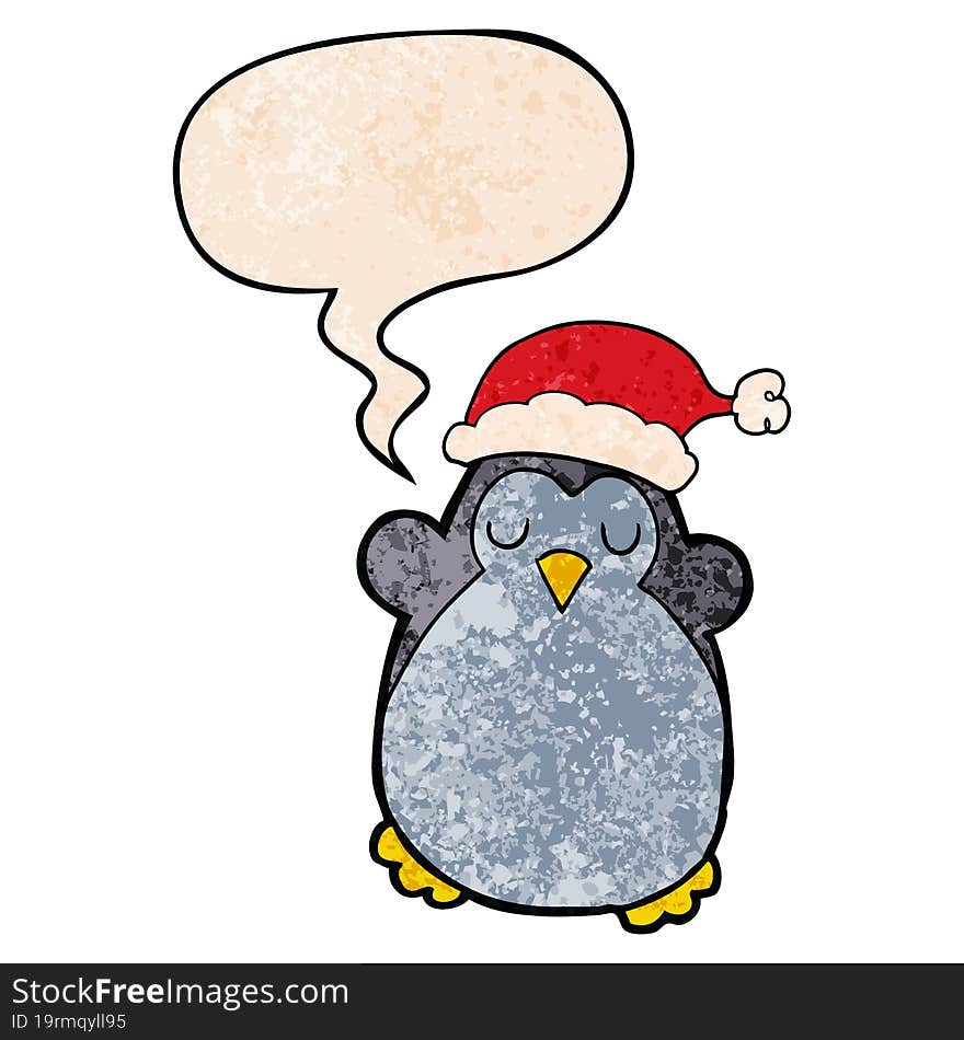 cute christmas penguin and speech bubble in retro texture style