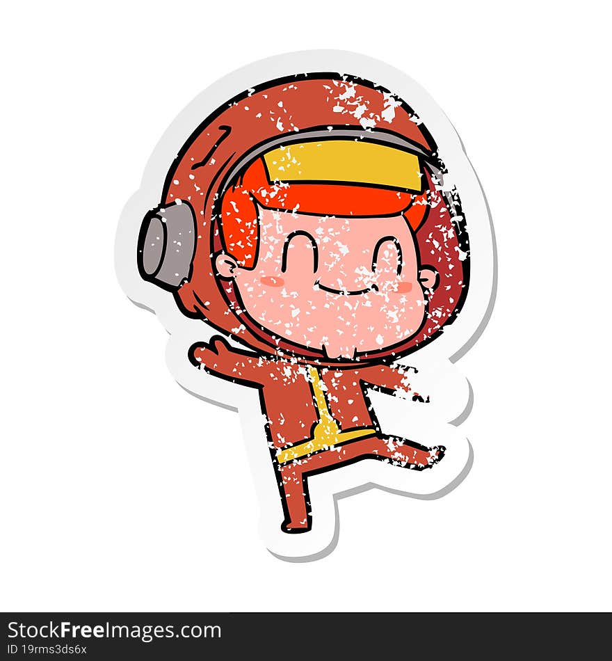 distressed sticker of a happy cartoon astronaut man