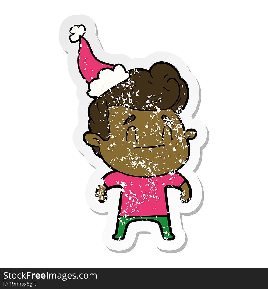 happy distressed sticker cartoon of a man wearing santa hat