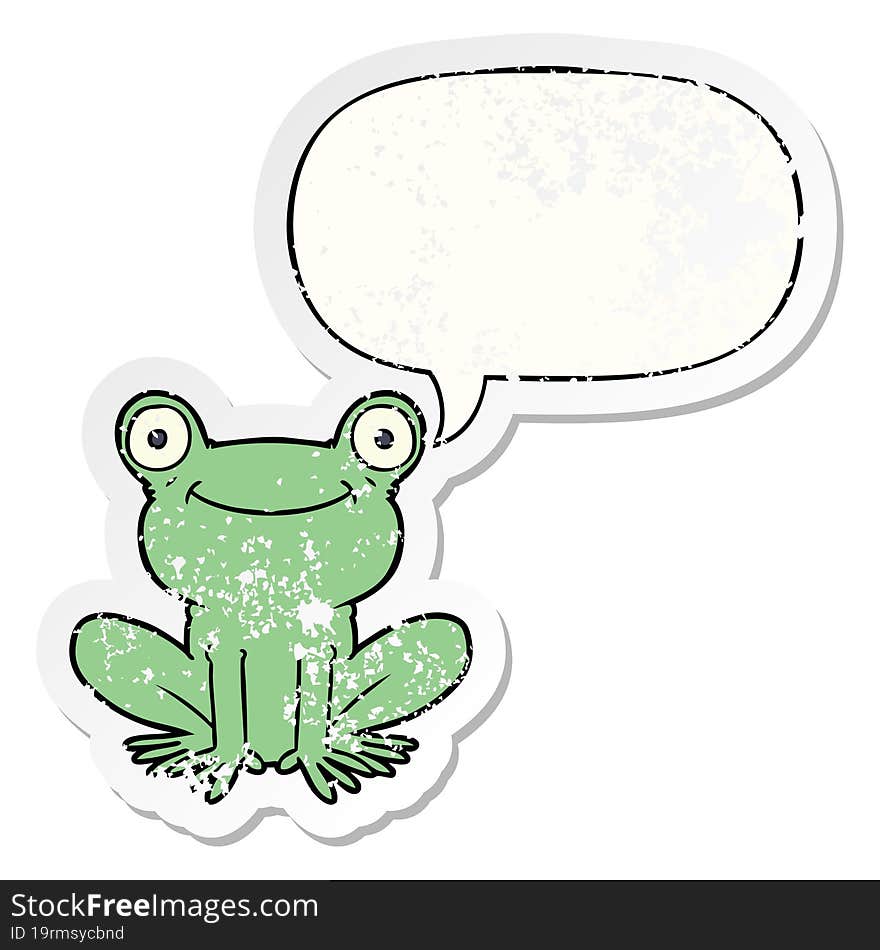 cartoon frog with speech bubble distressed distressed old sticker. cartoon frog with speech bubble distressed distressed old sticker