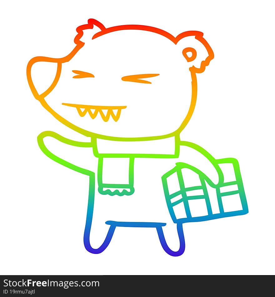 Rainbow Gradient Line Drawing Cartoon Angry Polar Bear With Xmas Present