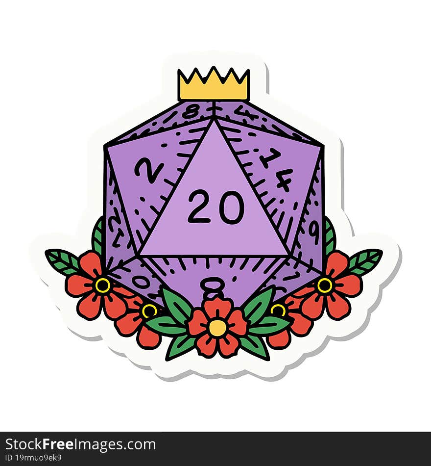 natural 20 D20 dice roll with floral elements sticker