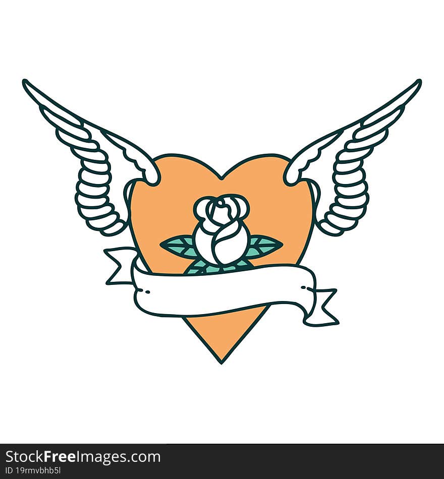 Tattoo Style Icon Of A Heart With Wings A Rose And Banner