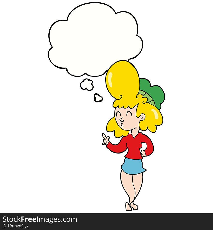 cartoon woman with big hair with thought bubble